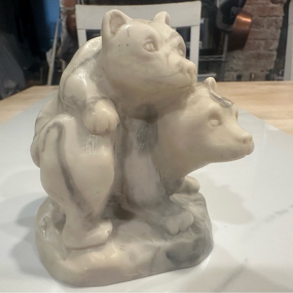 Two White Polar Bear Cubs Carved Pearlite Marblecraft Made in Canada - Picture 1 of 11